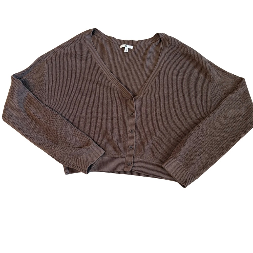BP Brown Large Ribbed Cropped V-Neck Cardigan Sweater Womens Button Layering